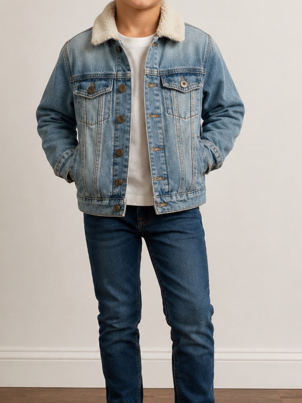 Sovereign Code Boys Sherpa Lined Denim Trucker Jacket Size 7 Light Indigo